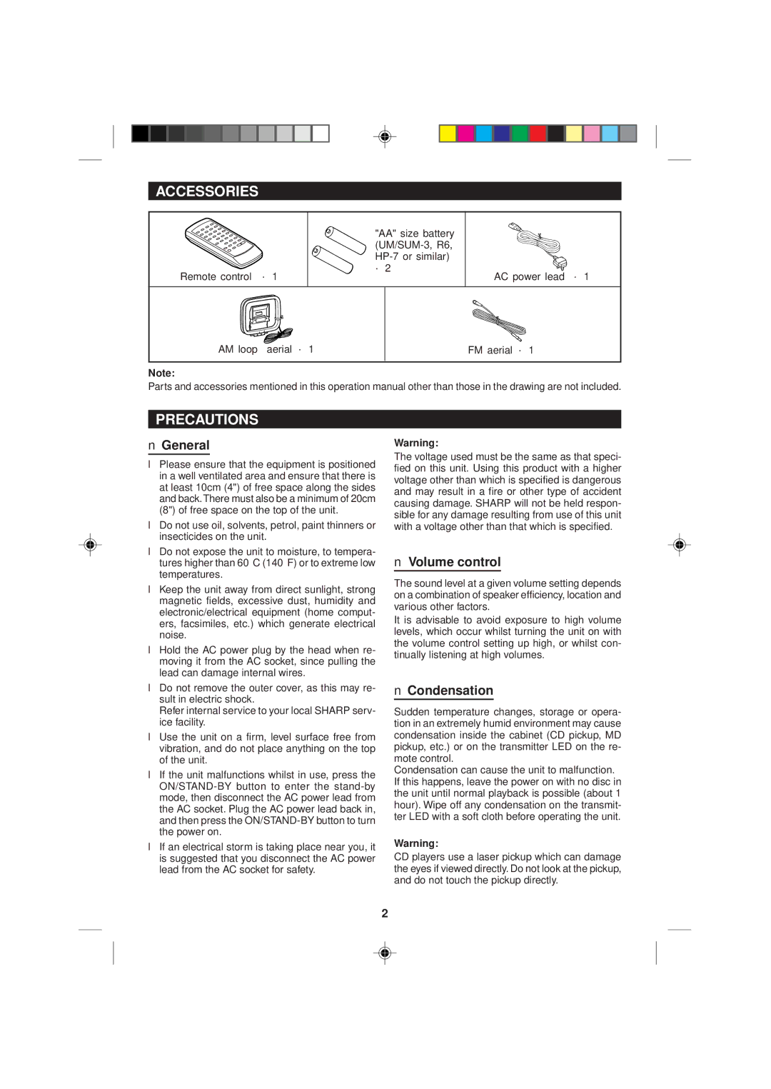 Sharp MD-M1H operation manual Accessories, Precautions, General, Volume control, Condensation 