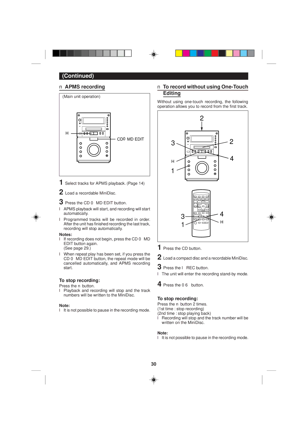 Sharp MD-M1H operation manual Apms recording, To record without using One-Touch Editing, CD0MD Edit 