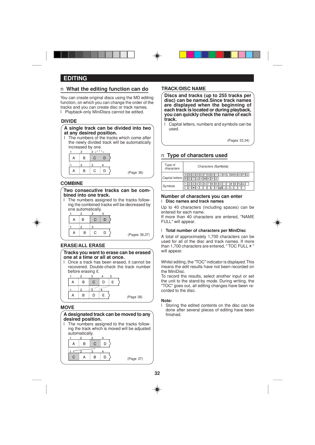 Sharp MD-M1H operation manual Editing, What the editing function can do, Type of characters used 