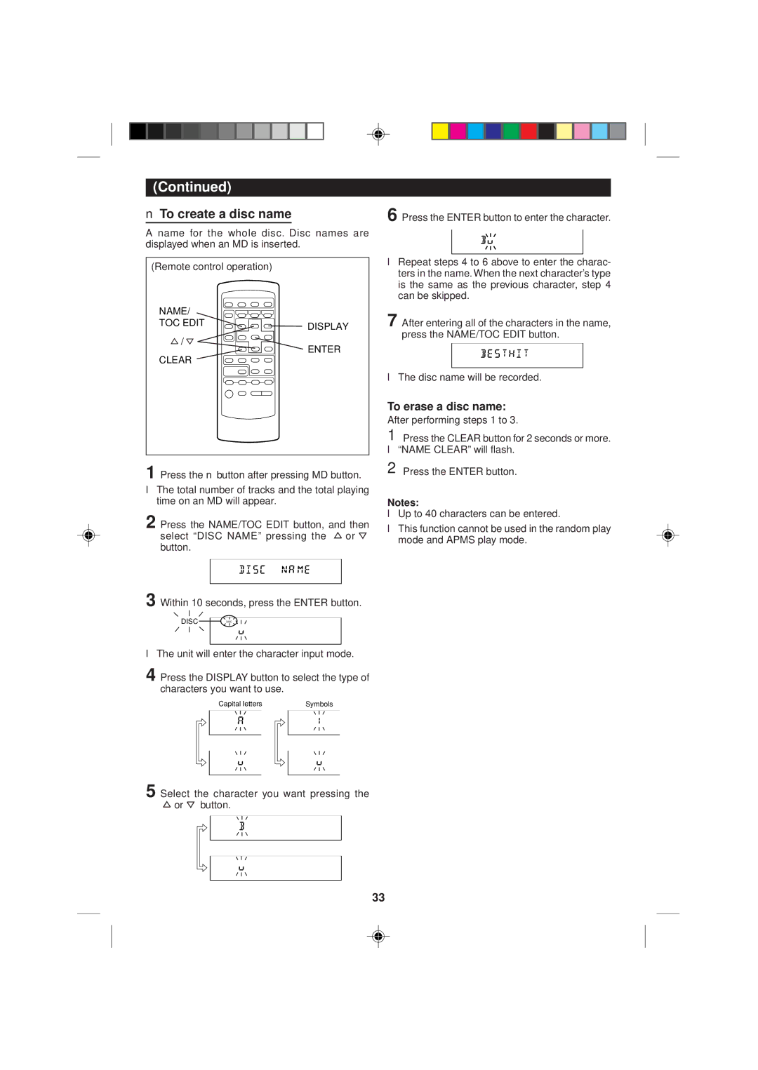 Sharp MD-M1H operation manual To create a disc name, To erase a disc name 