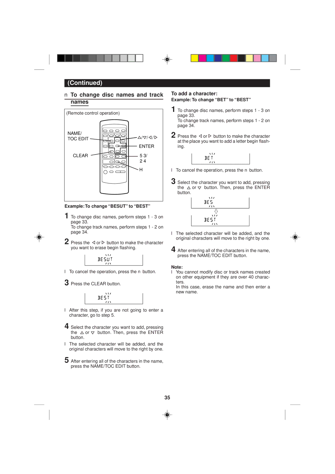 Sharp MD-M1H operation manual To change disc names and track names, To add a character, Name TOC Edit Enter Clear 