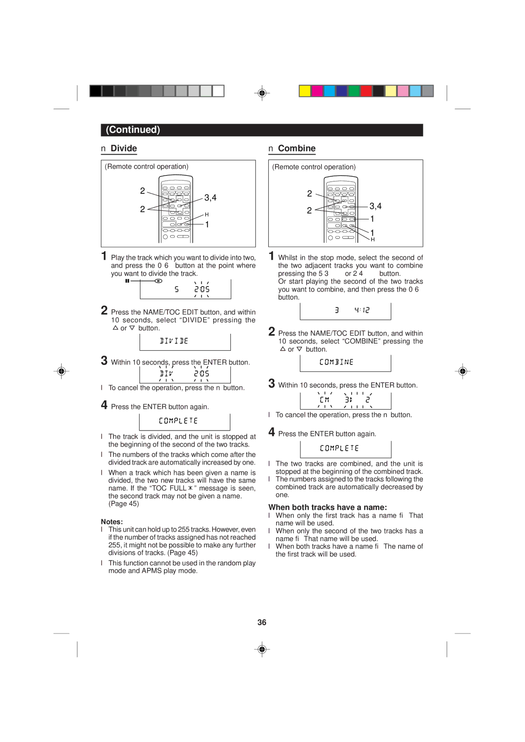 Sharp MD-M1H operation manual Divide, Combine, When both tracks have a name 