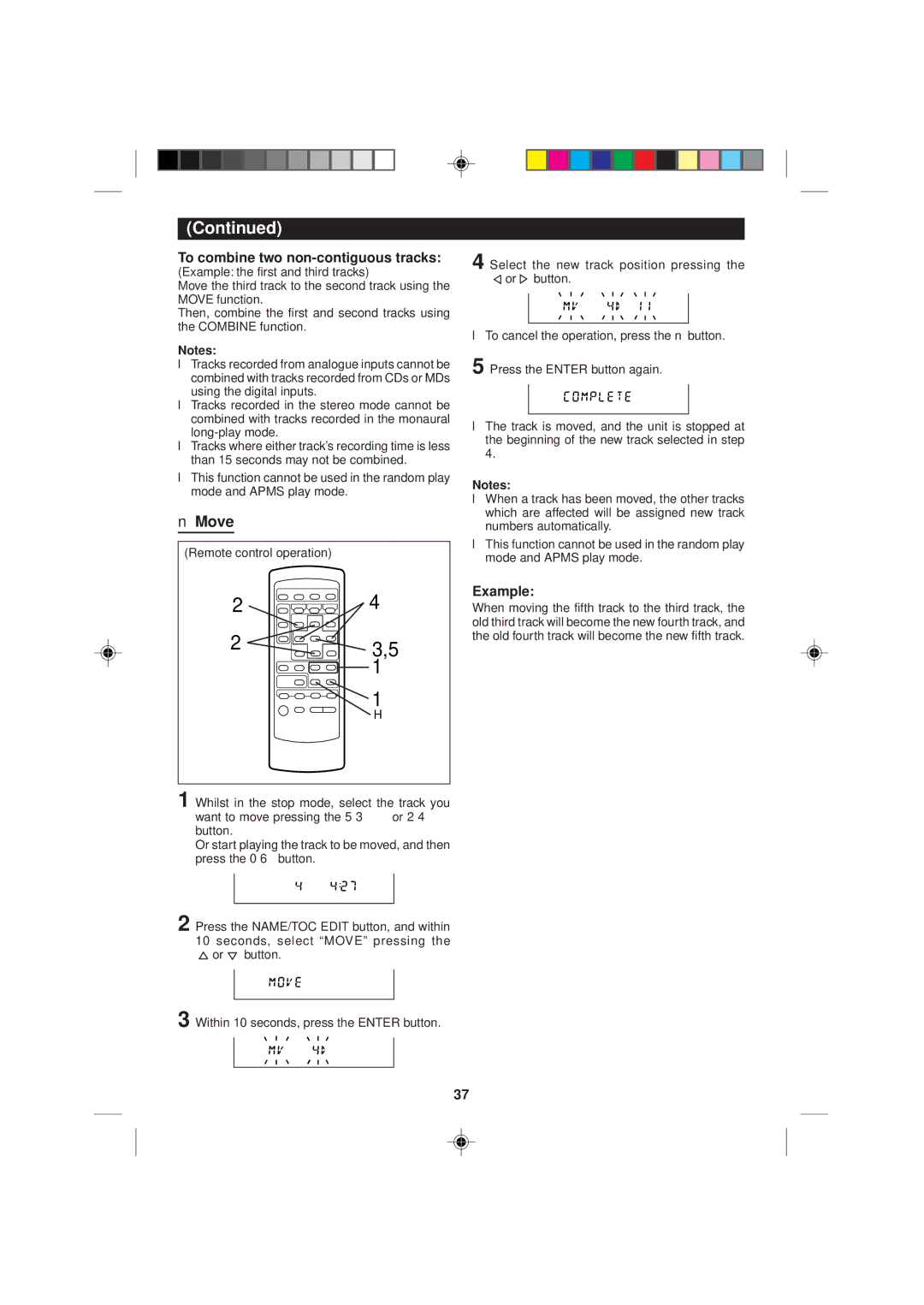 Sharp MD-M1H operation manual Move, To combine two non-contiguous tracks, Example 