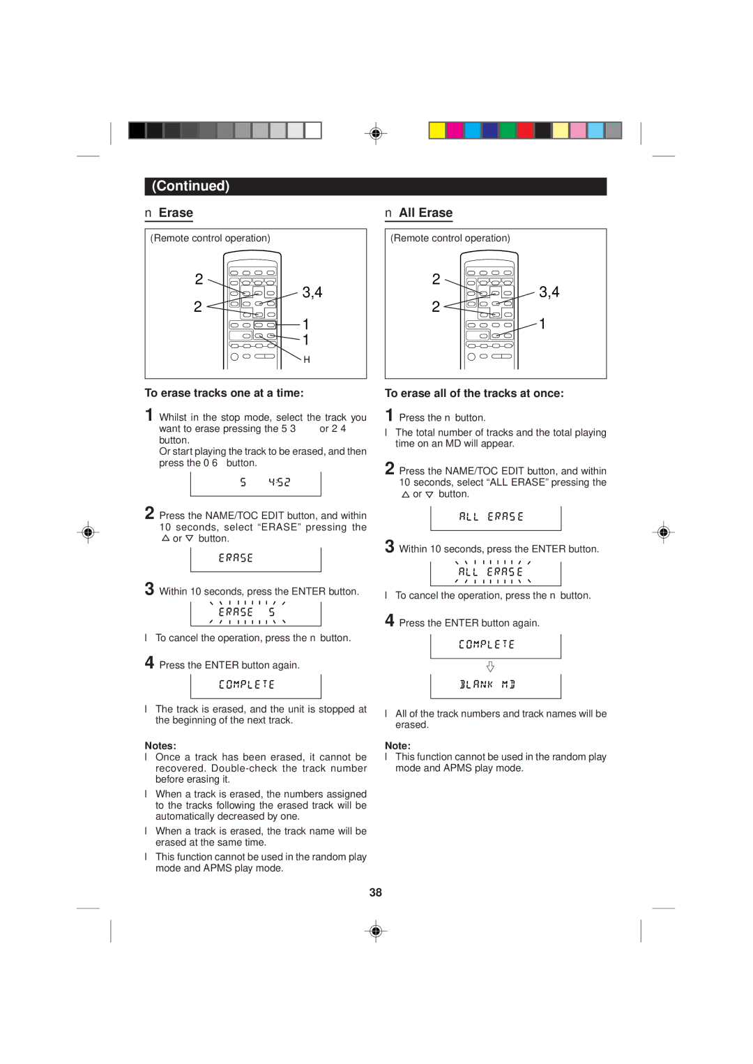 Sharp MD-M1H operation manual All Erase, To erase tracks one at a time, To erase all of the tracks at once 