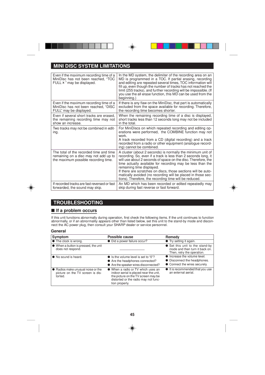 Sharp MD-M1H Mini Disc System Limitations, Troubleshooting, If a problem occurs, General, Symptom Possible cause Remedy 