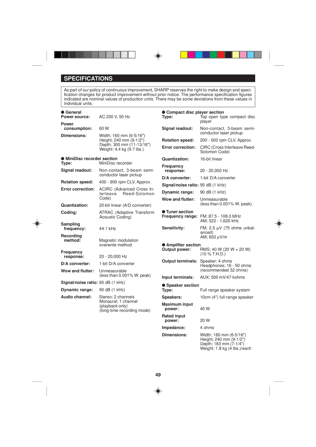 Sharp MD-M1H operation manual Specifications 