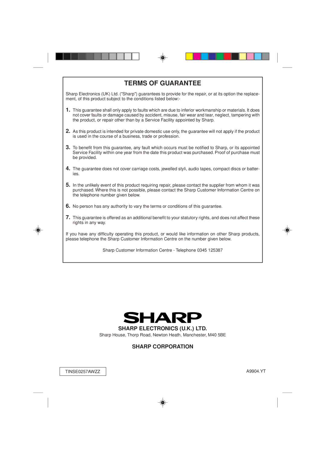 Sharp MD-M1H operation manual Terms of Guarantee 