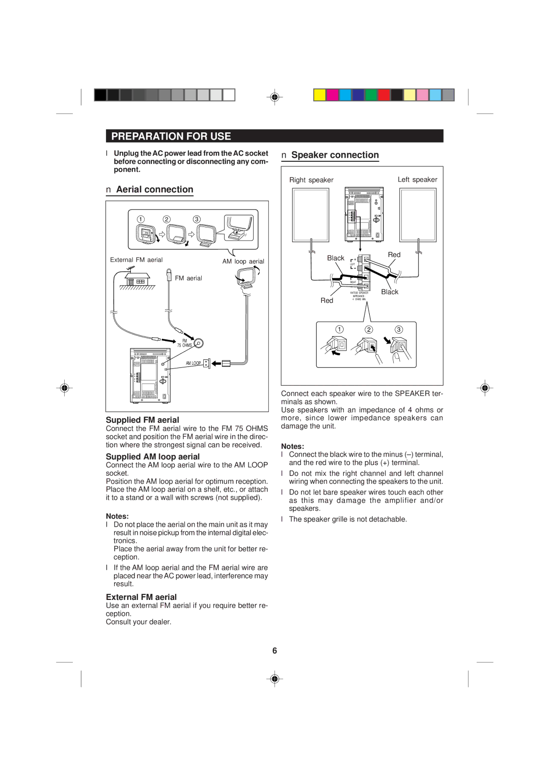 Sharp MD-M1H operation manual Preparation for USE, Aerial connection, Speaker connection 