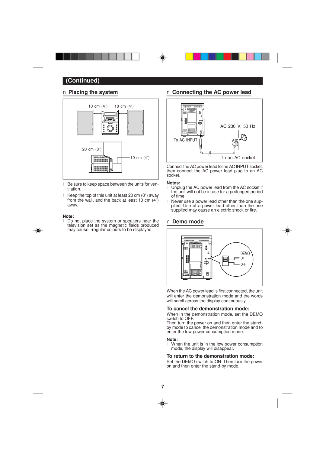 Sharp MD-M1H operation manual Placing the system, Connecting the AC power lead, Demo mode, To cancel the demonstration mode 