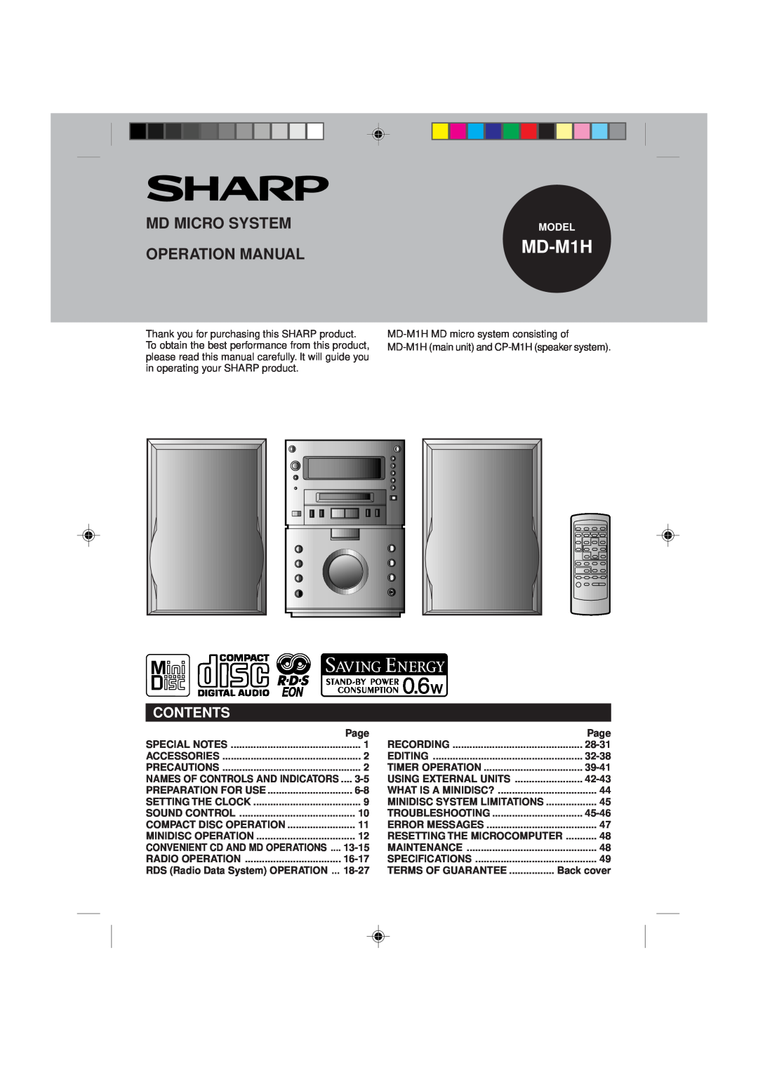 Sharp MD-M1H operation manual Md Micro Systemmodel, Contents 