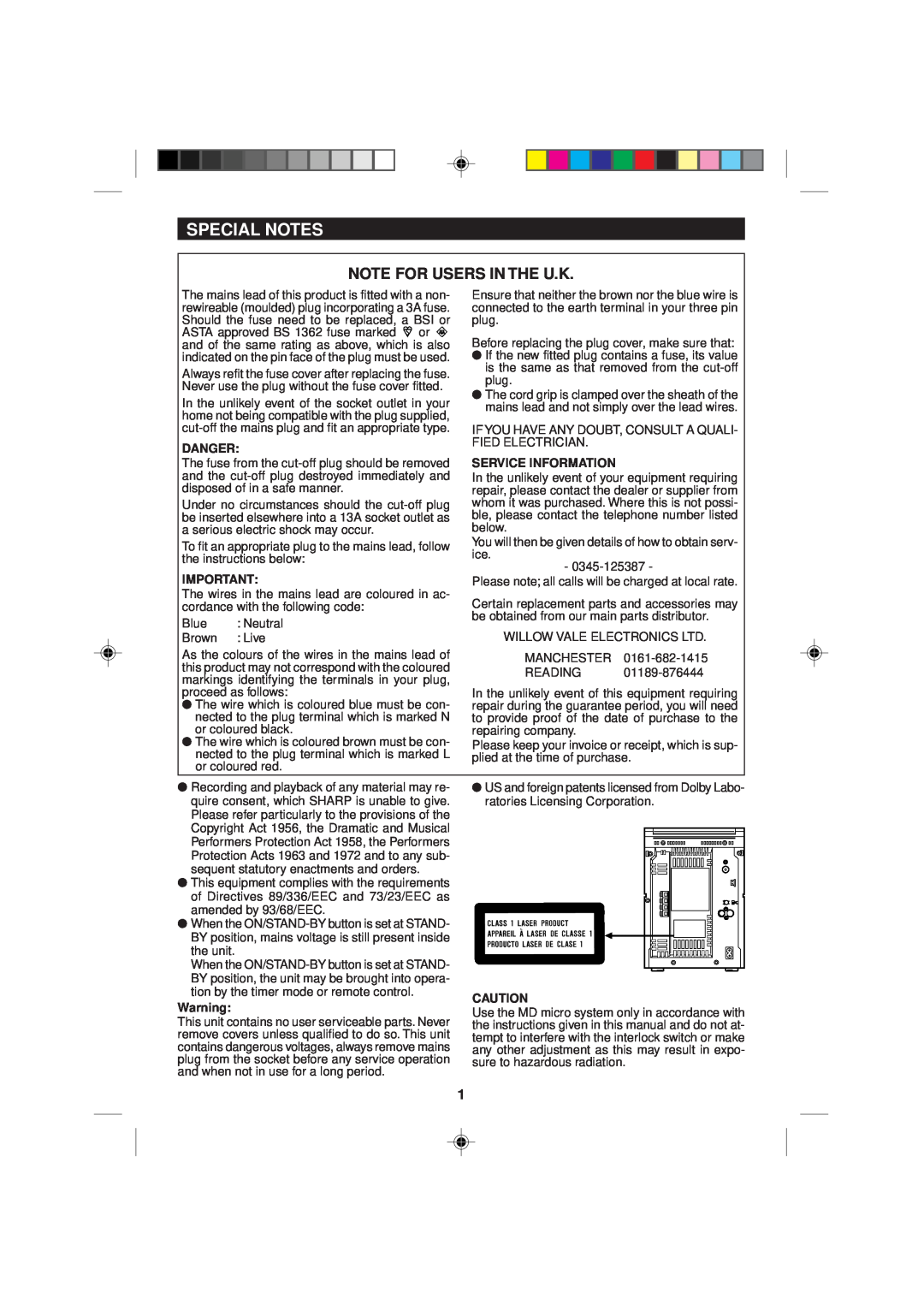 Sharp MD-M1H operation manual Special Notes, Note For Users In The U.K 