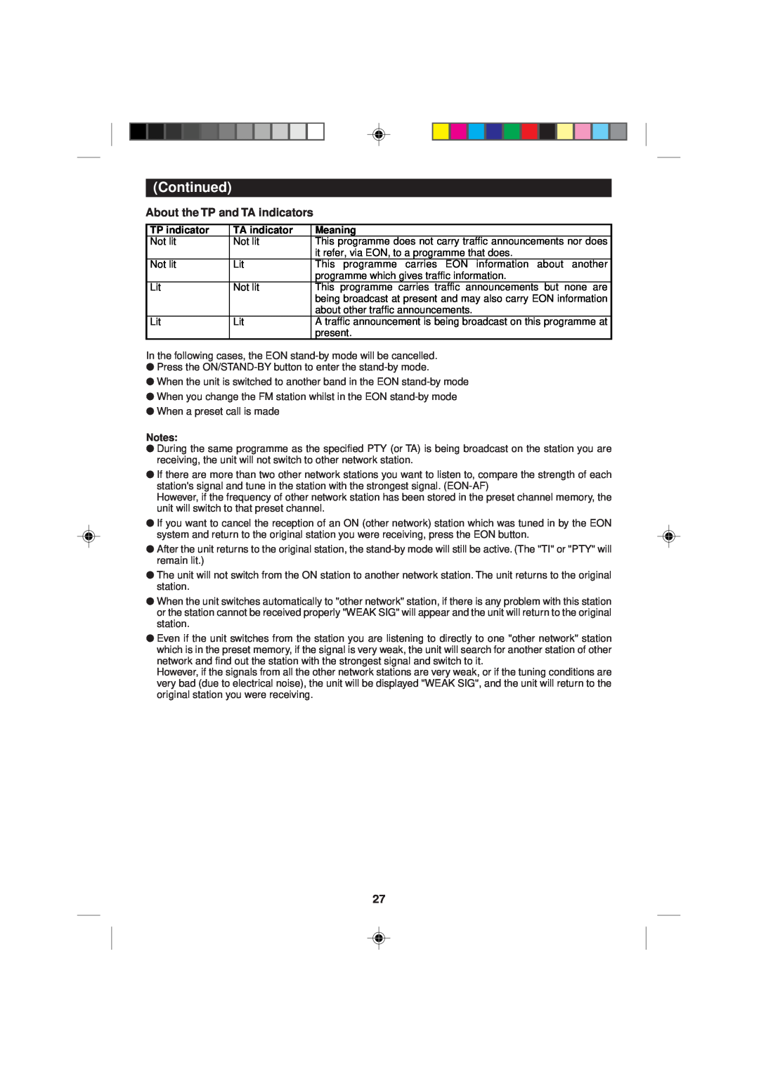 Sharp MD-M1H operation manual About the TP and TA indicators, Continued, TP indicator, Meaning 