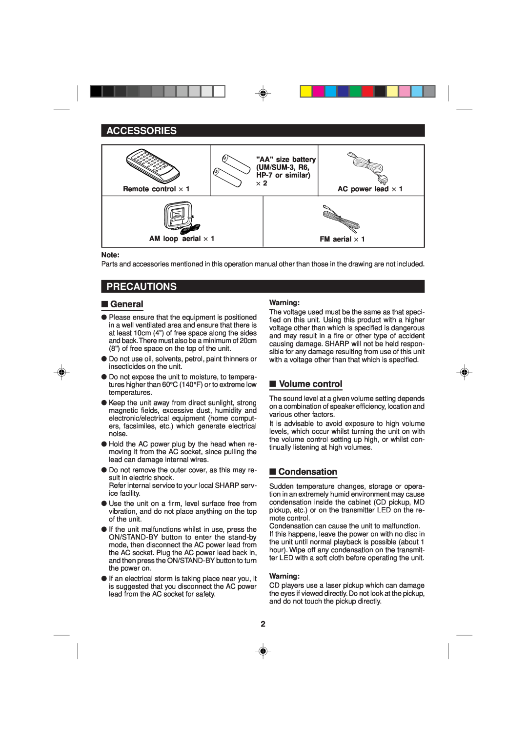 Sharp MD-M1H operation manual Accessories, Precautions, General, Volume control, Condensation 