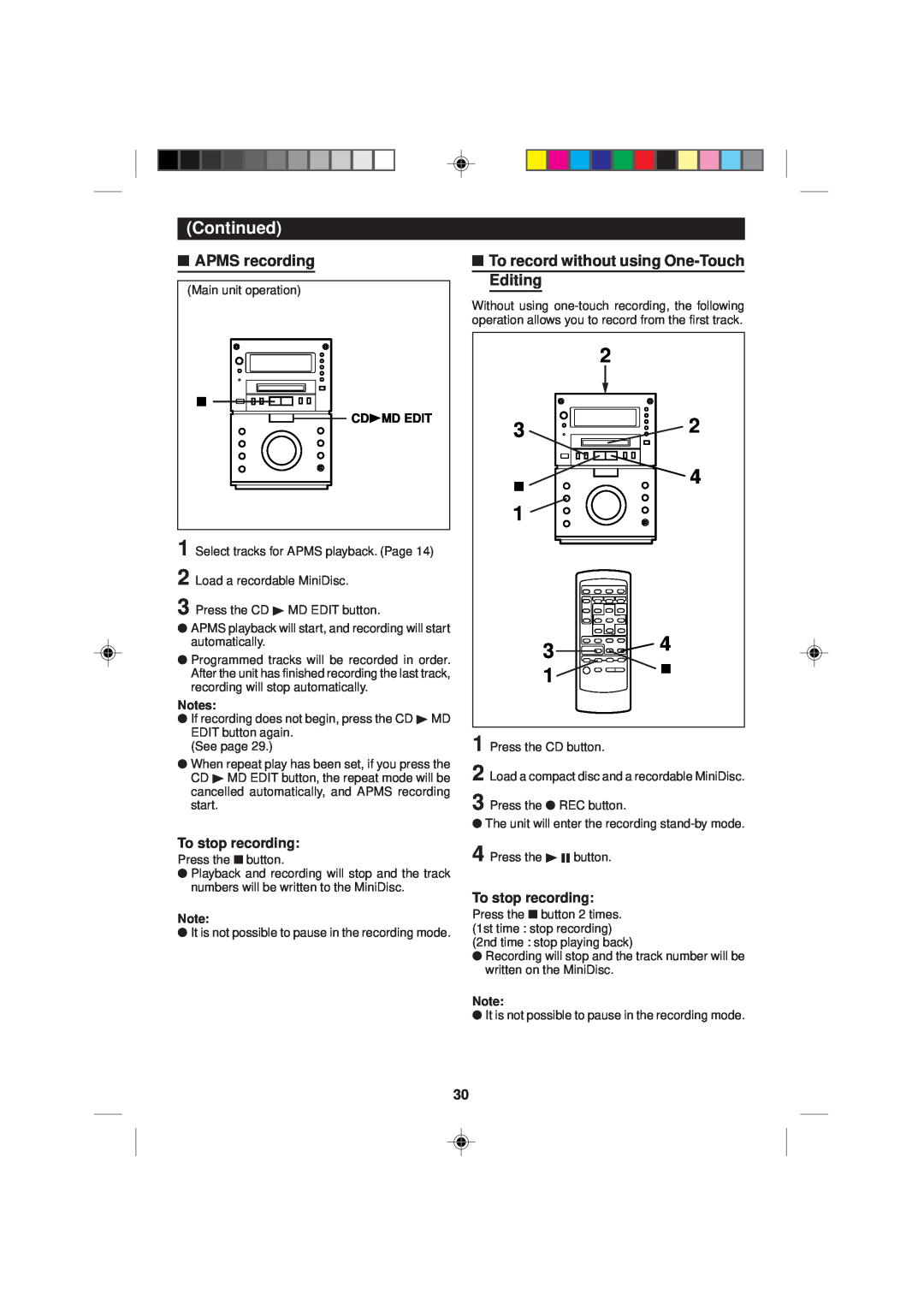 Sharp MD-M1H operation manual APMS recording, To record without using One-TouchEditing, Continued, To stop recording 