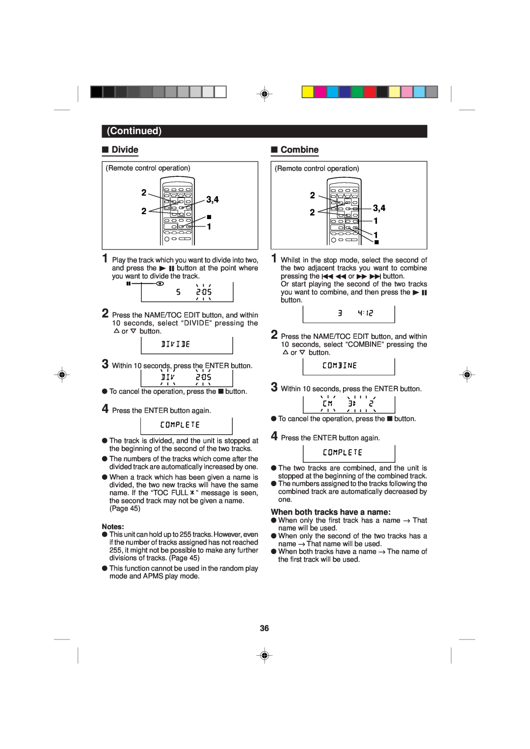 Sharp MD-M1H operation manual Divide, 2 3,4, Combine, When both tracks have a name, Continued 