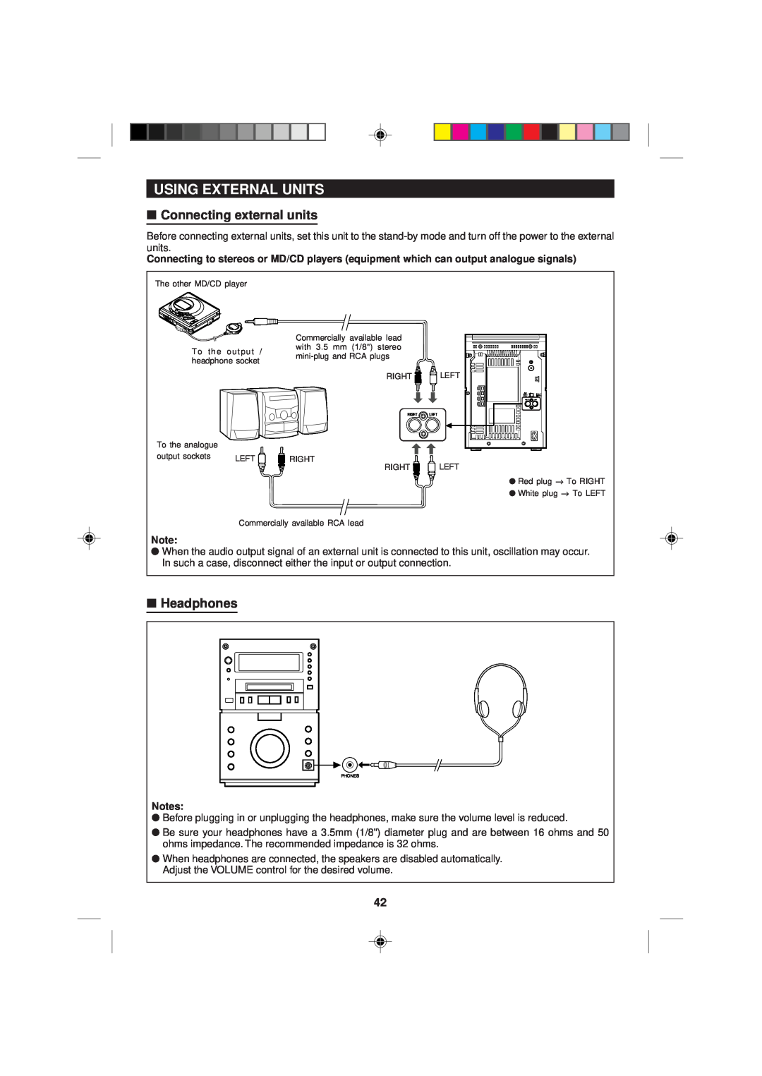 Sharp MD-M1H operation manual Using External Units, Connecting external units, Headphones 