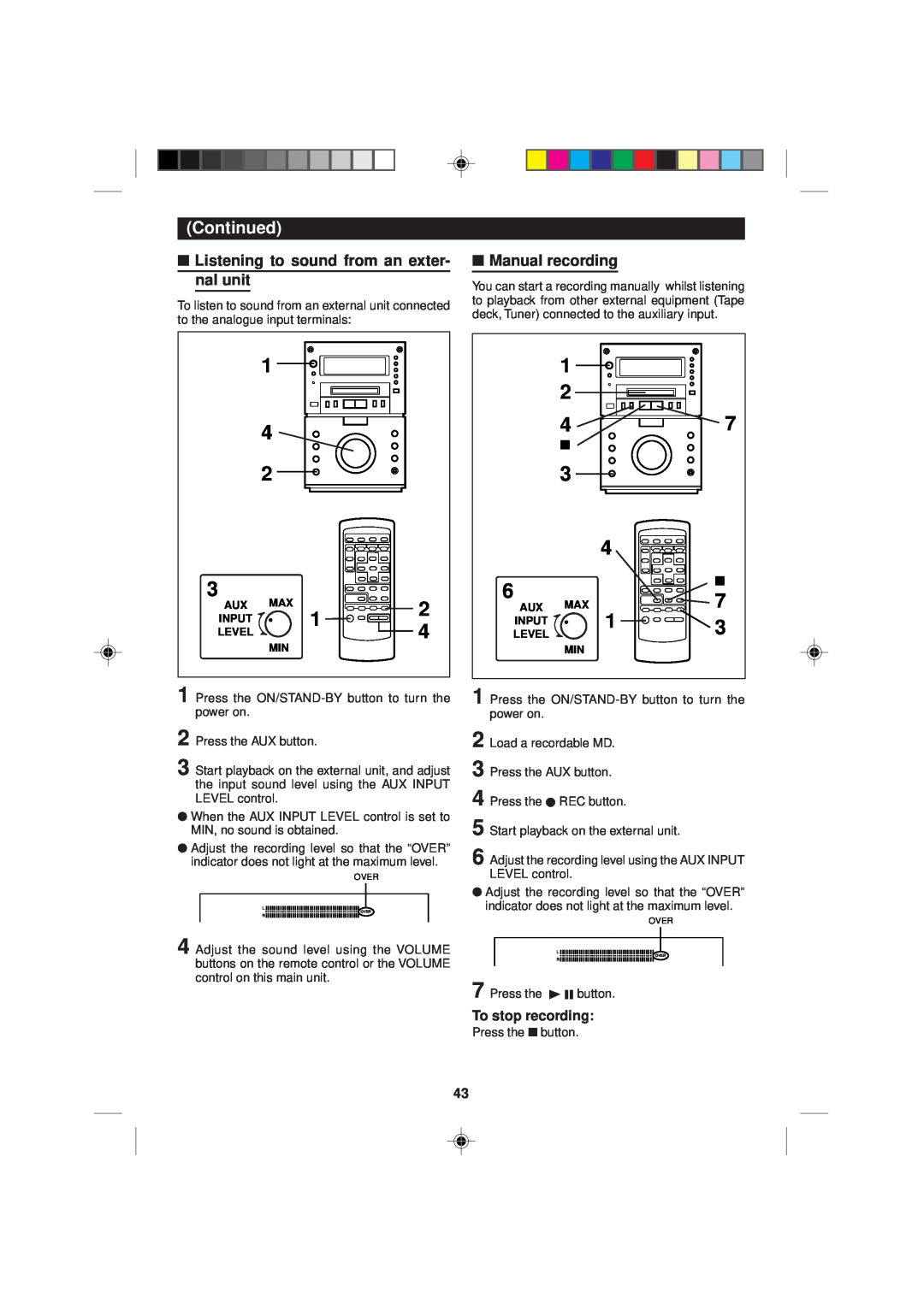 Sharp MD-M1H operation manual Listening to sound from an exter-nal unit, Manual recording, To stop recording 