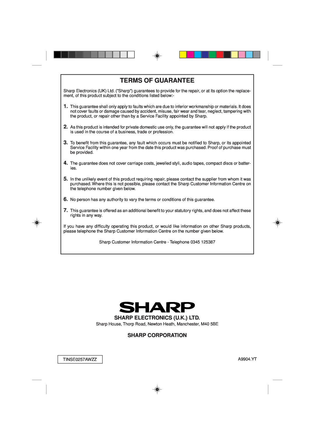 Sharp MD-M1H operation manual Terms Of Guarantee, Sharp Corporation 