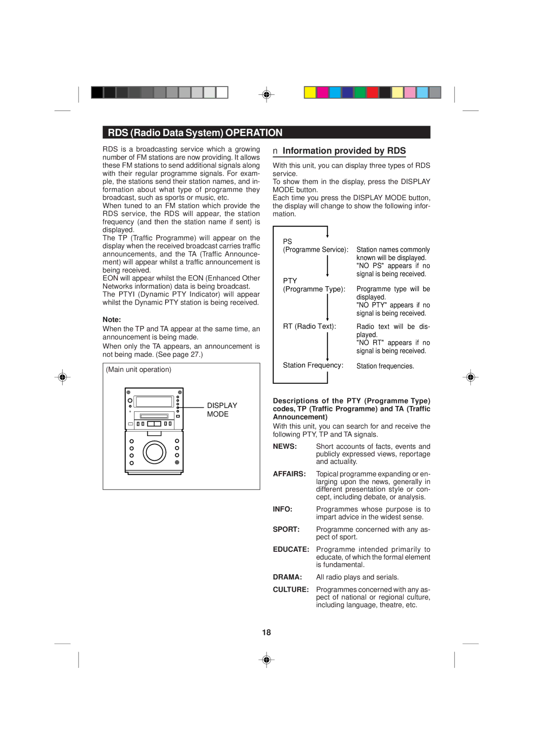 Sharp MD-M2H operation manual Information provided by RDS, Display Mode, Pty, RT Radio Text, Station Frequency 