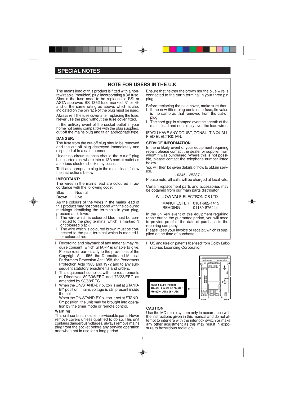 Sharp MD-M2H operation manual Special Notes, Service Information 