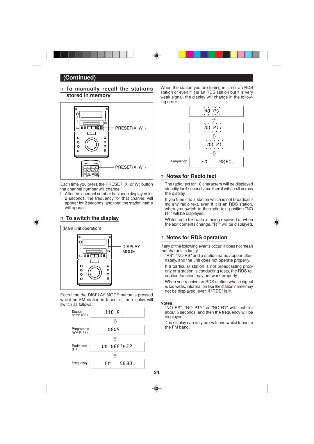 Sharp MD-M2H operation manual To manually recall the stations stored in memory, To switch the display, Presetx W 