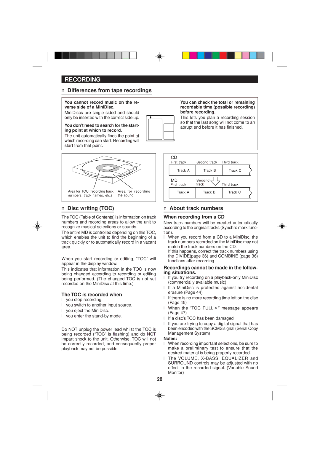 Sharp MD-M2H operation manual Recording, Differences from tape recordings, Disc writing TOC, About track numbers 