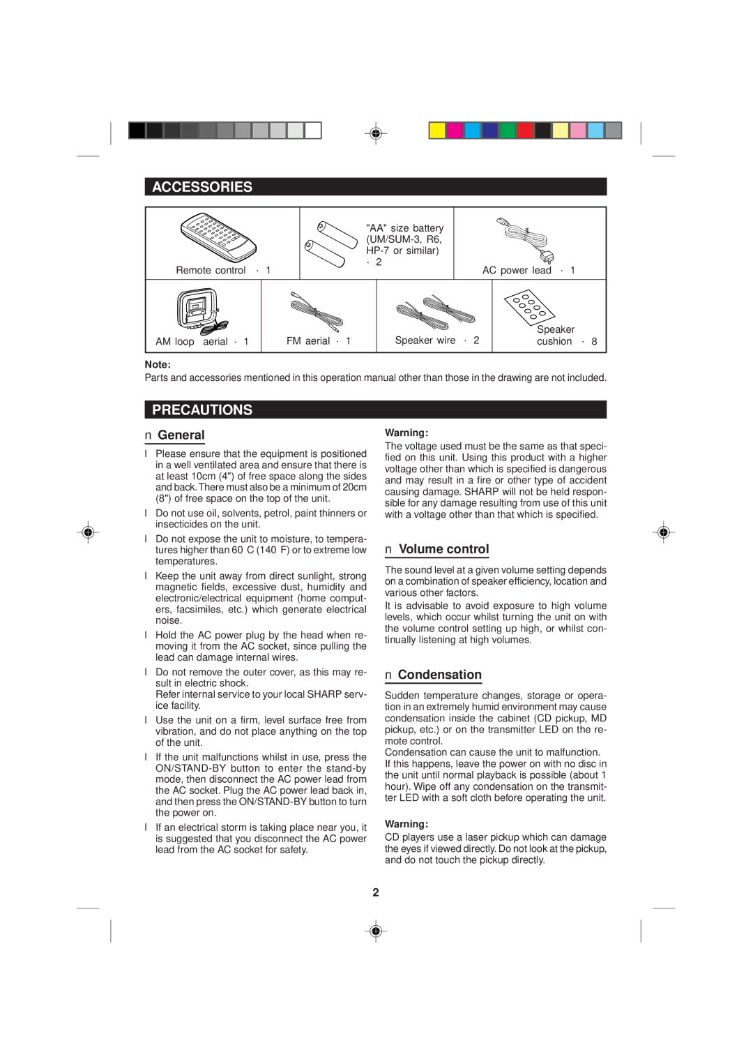 Sharp MD-M2H operation manual Accessories, Precautions, General, Volume control, Condensation 
