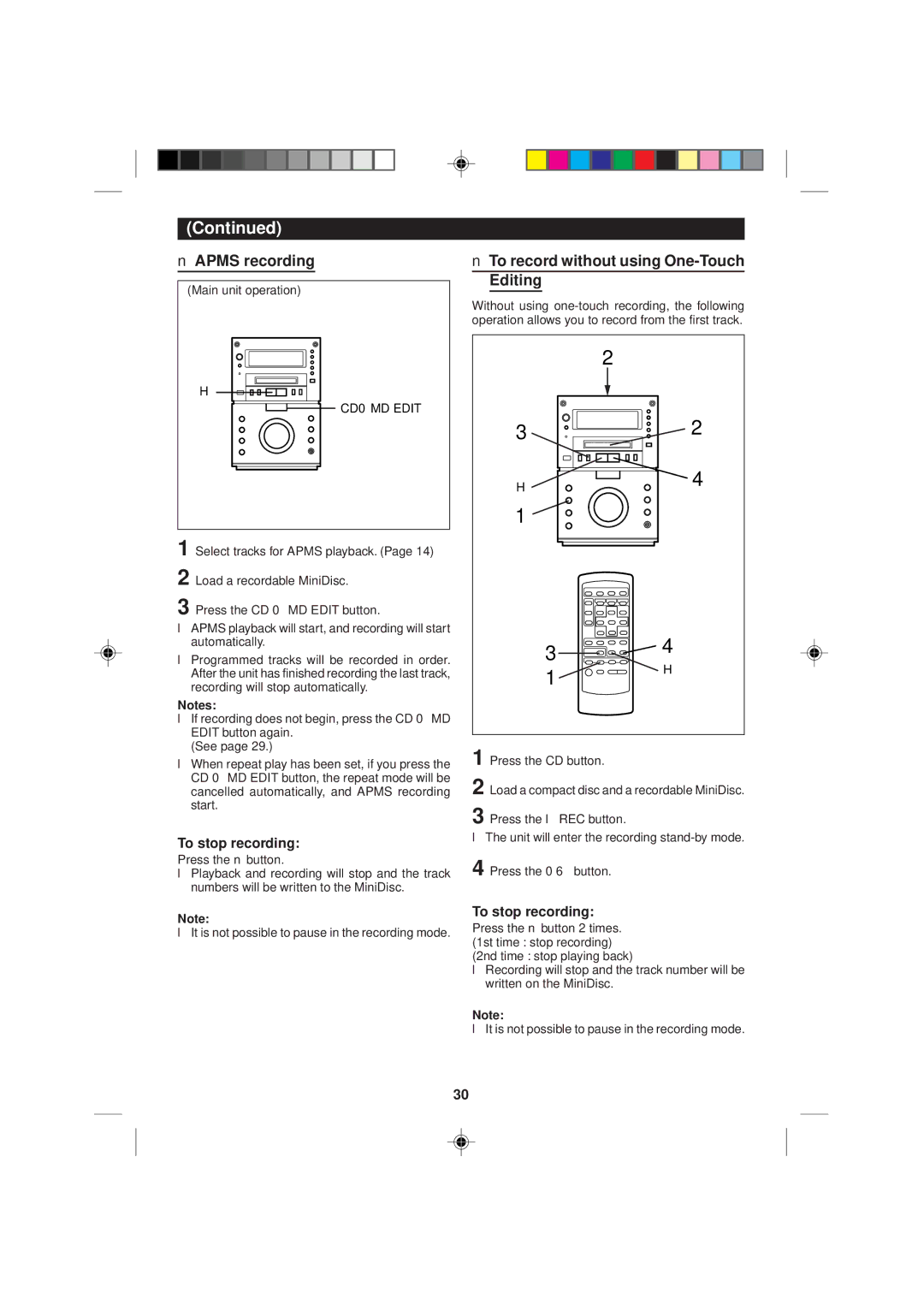 Sharp MD-M2H operation manual Apms recording, To record without using One-Touch Editing, CD0MD Edit 