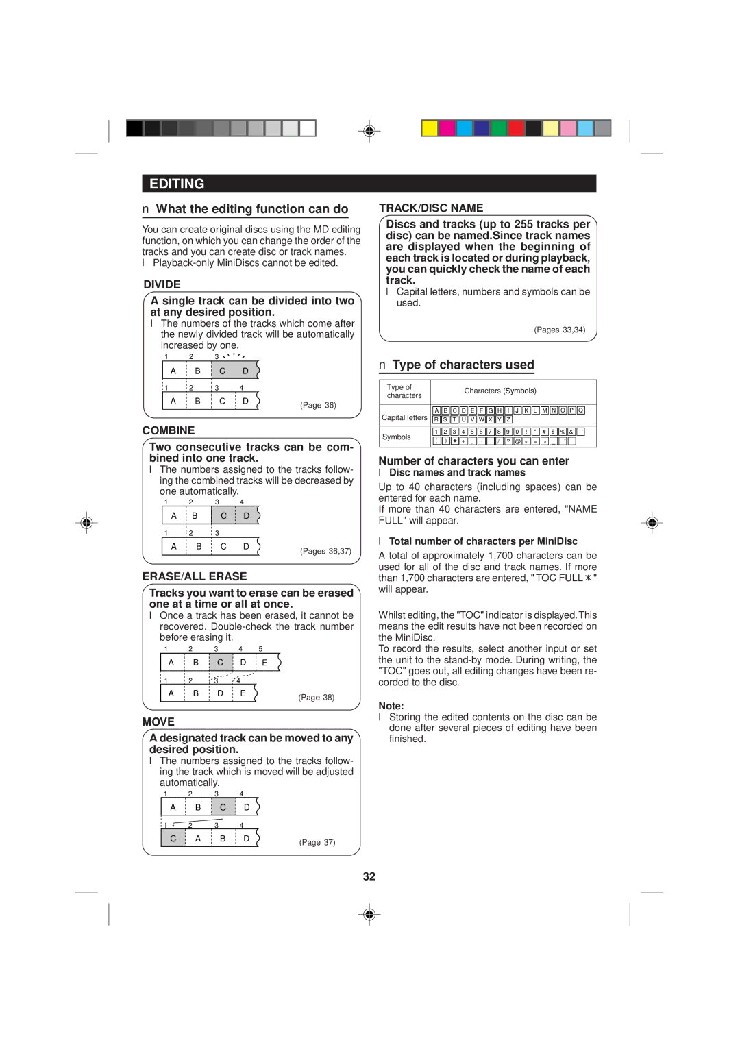 Sharp MD-M2H operation manual Editing, What the editing function can do, Type of characters used 