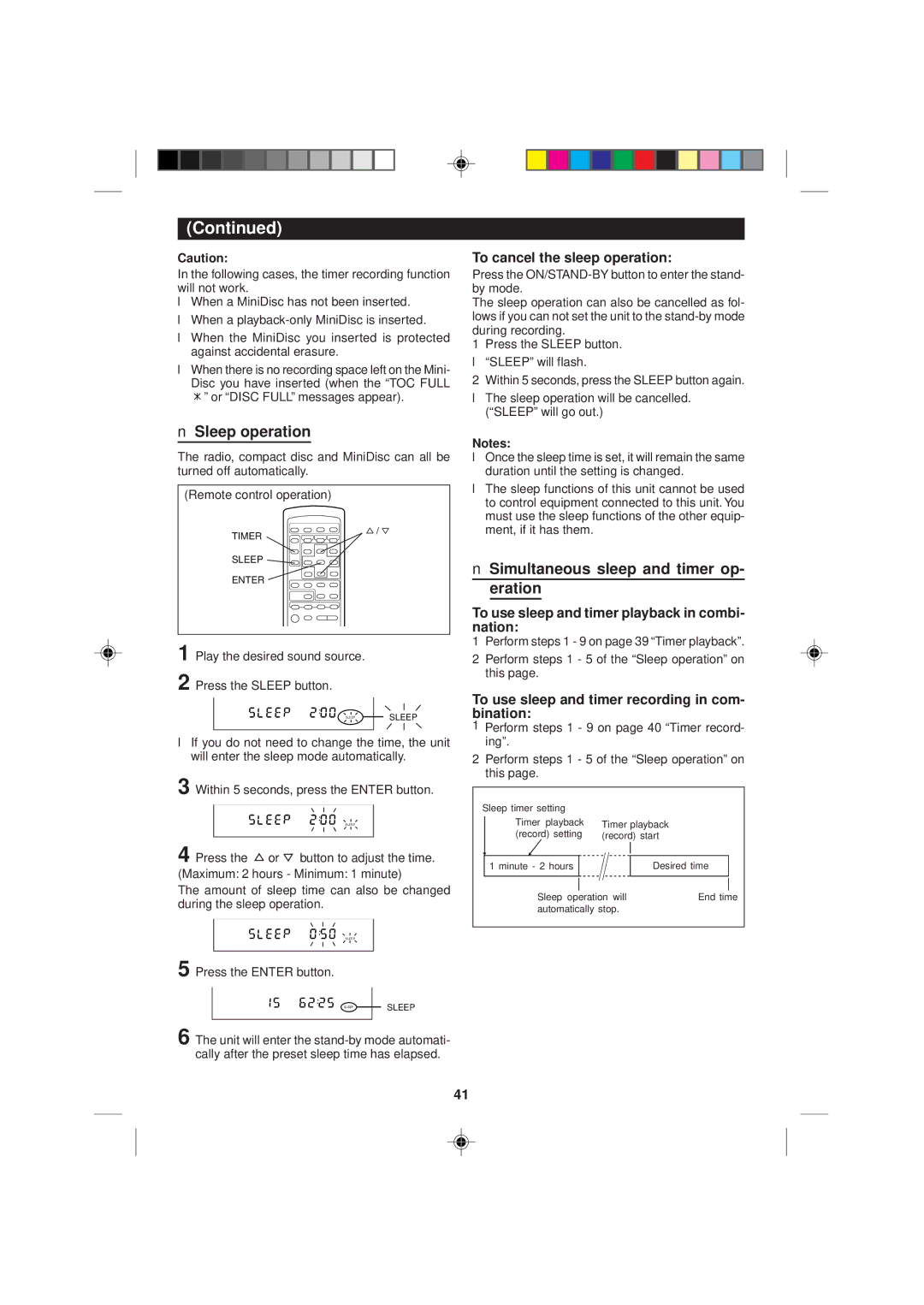 Sharp MD-M2H operation manual Sleep operation, Simultaneous sleep and timer op- eration, To cancel the sleep operation 