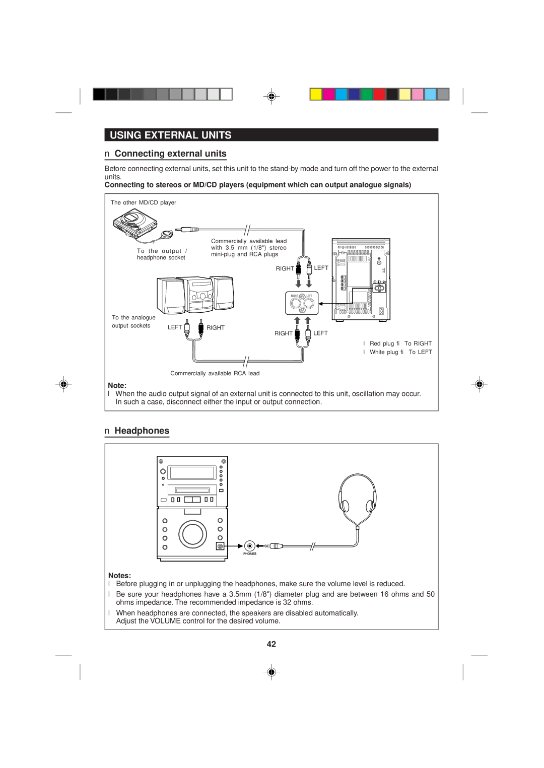 Sharp MD-M2H operation manual Using External Units, Connecting external units, Headphones 