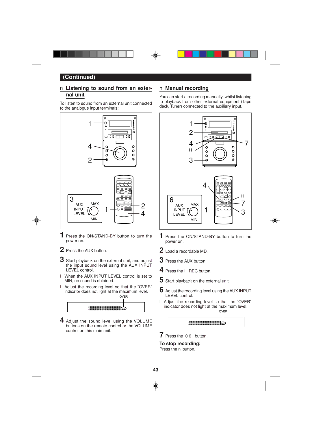 Sharp MD-M2H operation manual Listening to sound from an exter- nal unit, Manual recording 