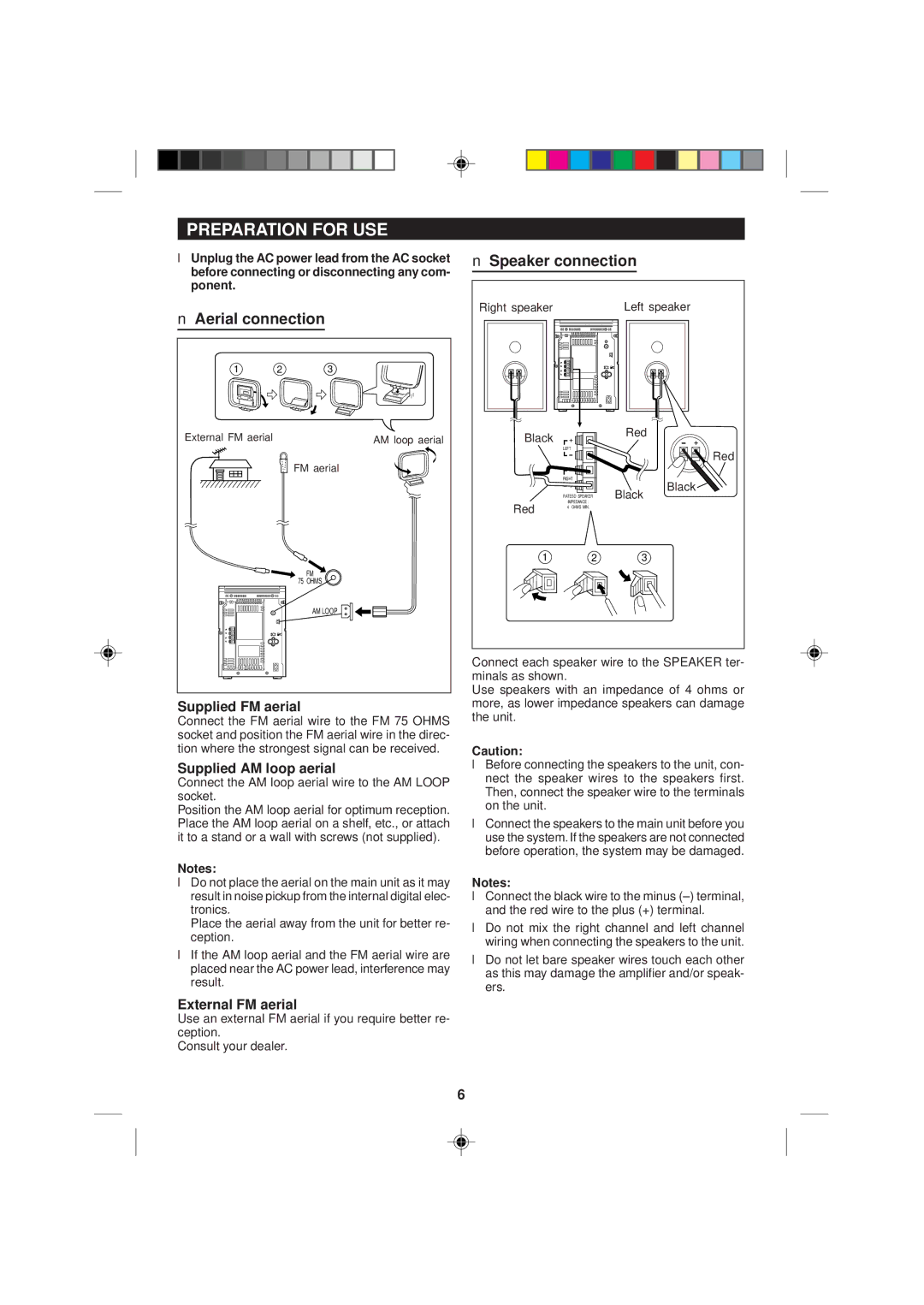 Sharp MD-M2H operation manual Preparation for USE, Aerial connection, Speaker connection 