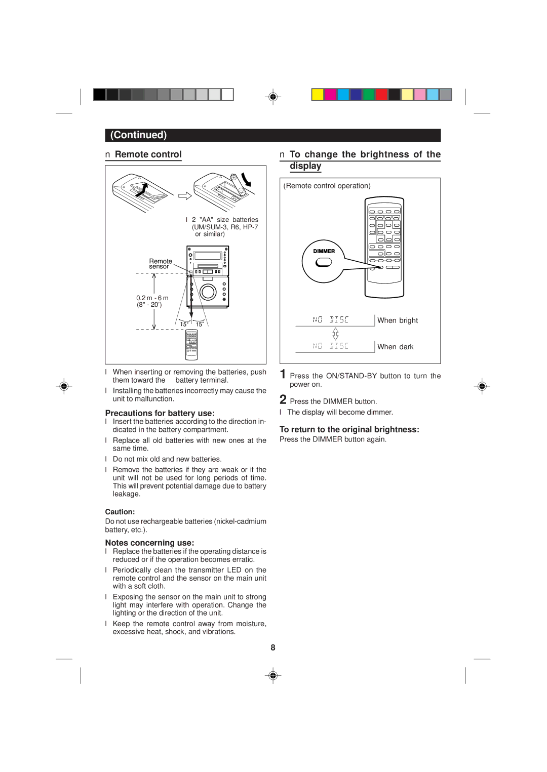 Sharp MD-M2H operation manual Remote control, To change the brightness of the display, Precautions for battery use 