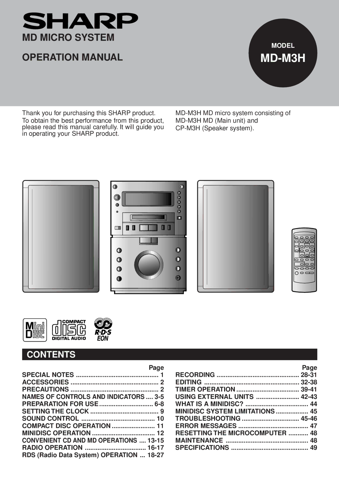 Sharp MD-M3H operation manual Contents 