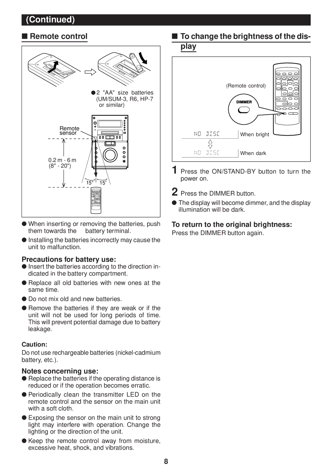 Sharp MD-M3H operation manual Remote control, Play, Precautions for battery use, To change the brightness of the dis 