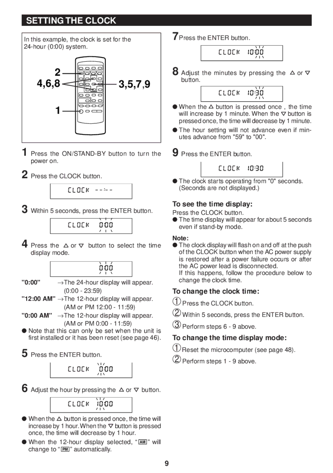 Sharp MD-M3H Setting the Clock, To see the time display, To change the clock time, To change the time display mode 