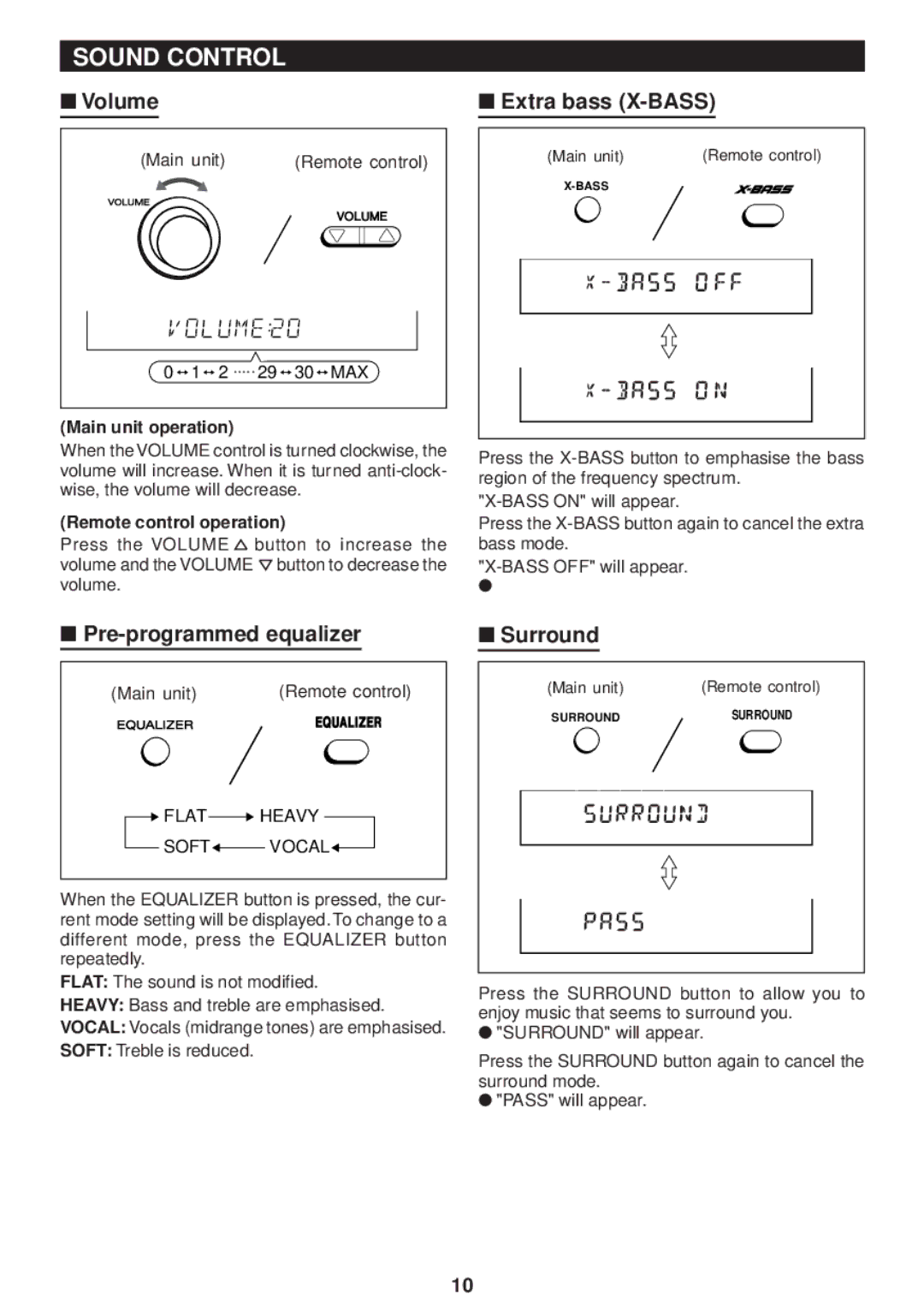 Sharp MD-M3H operation manual Sound Control, Volume, Extra bass X-BASS, Pre-programmed equalizer Surround 