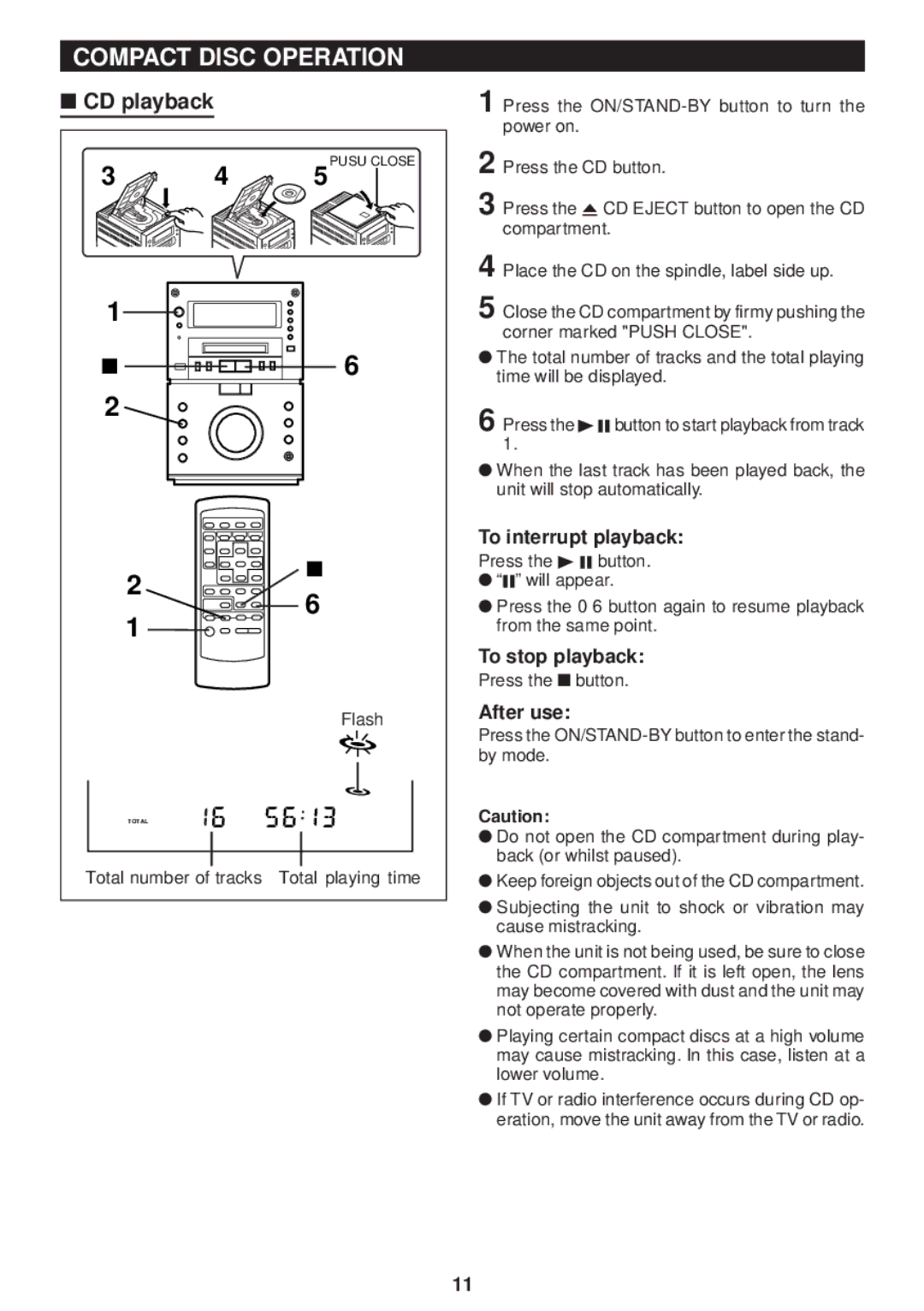 Sharp MD-M3H operation manual Compact Disc Operation, CD playback, To interrupt playback, To stop playback, After use 