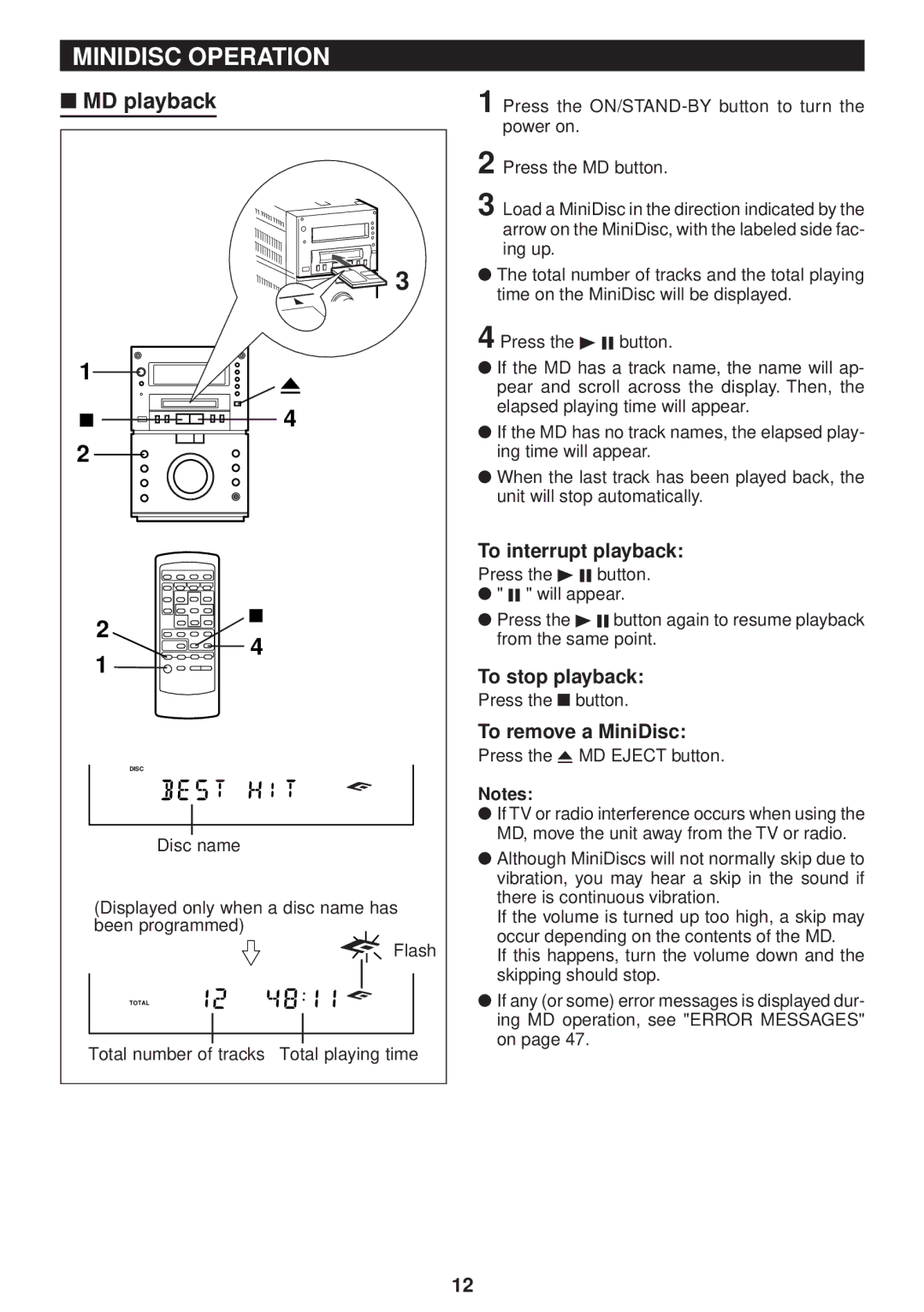 Sharp MD-M3H operation manual Minidisc Operation, MD playback, To remove a MiniDisc 