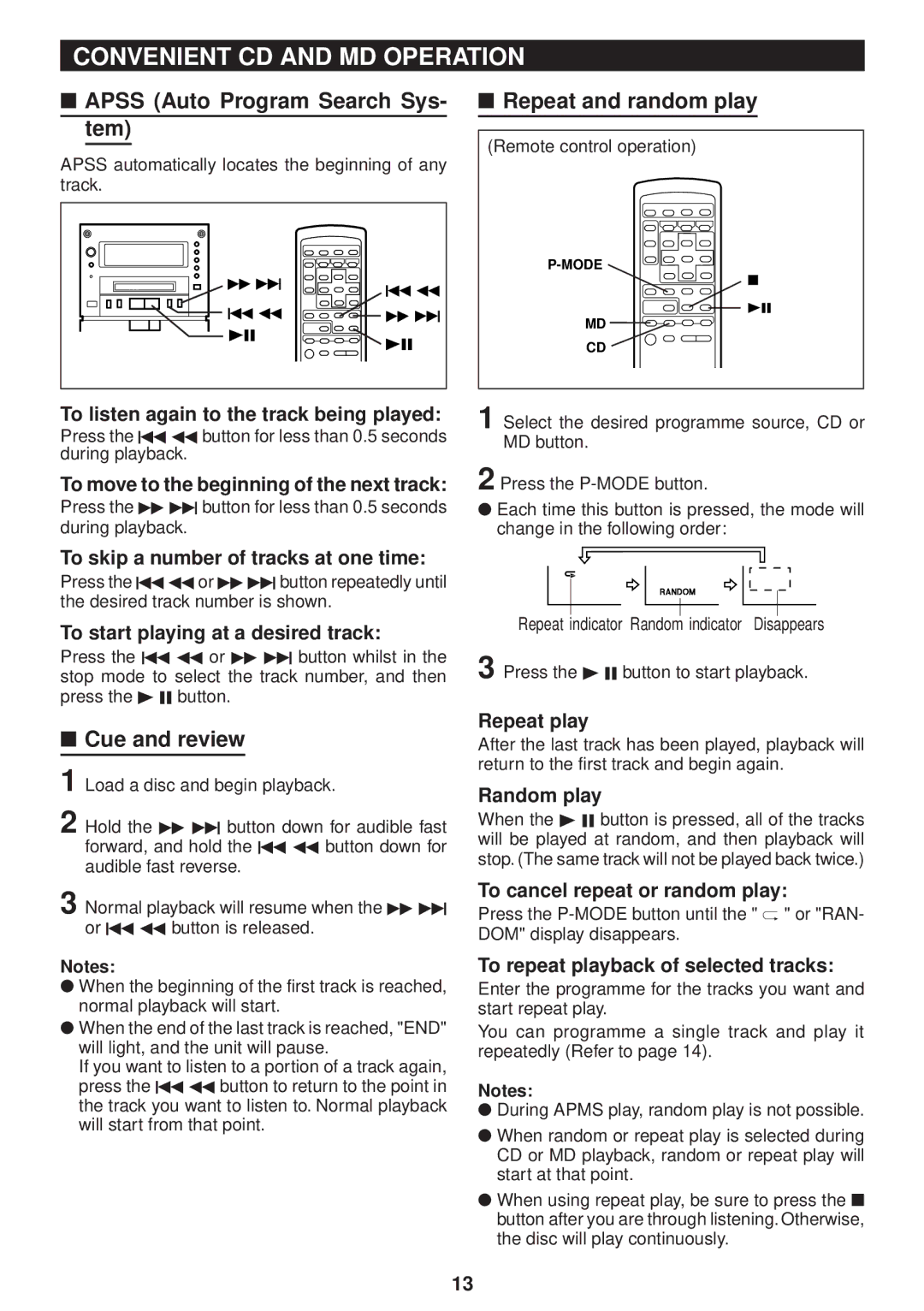 Sharp MD-M3H Convenient CD and MD Operation, Apss Auto Program Search Sys- tem, Repeat and random play, Cue and review 