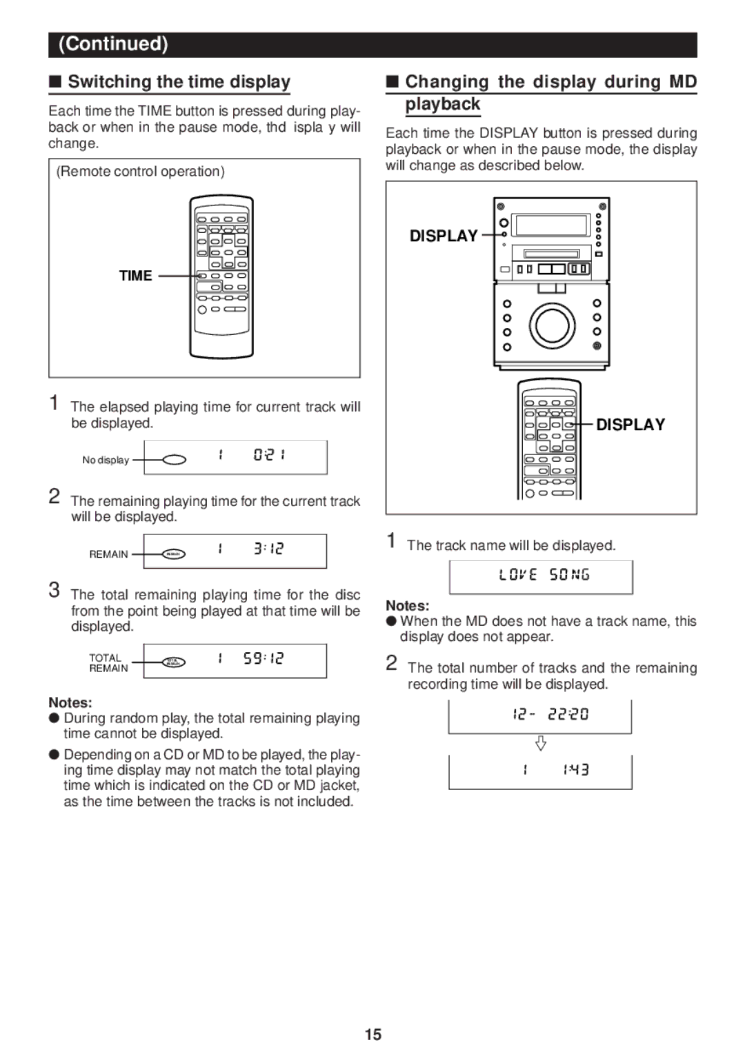 Sharp MD-M3H operation manual Switching the time display, Changing the display during MD playback, Time 