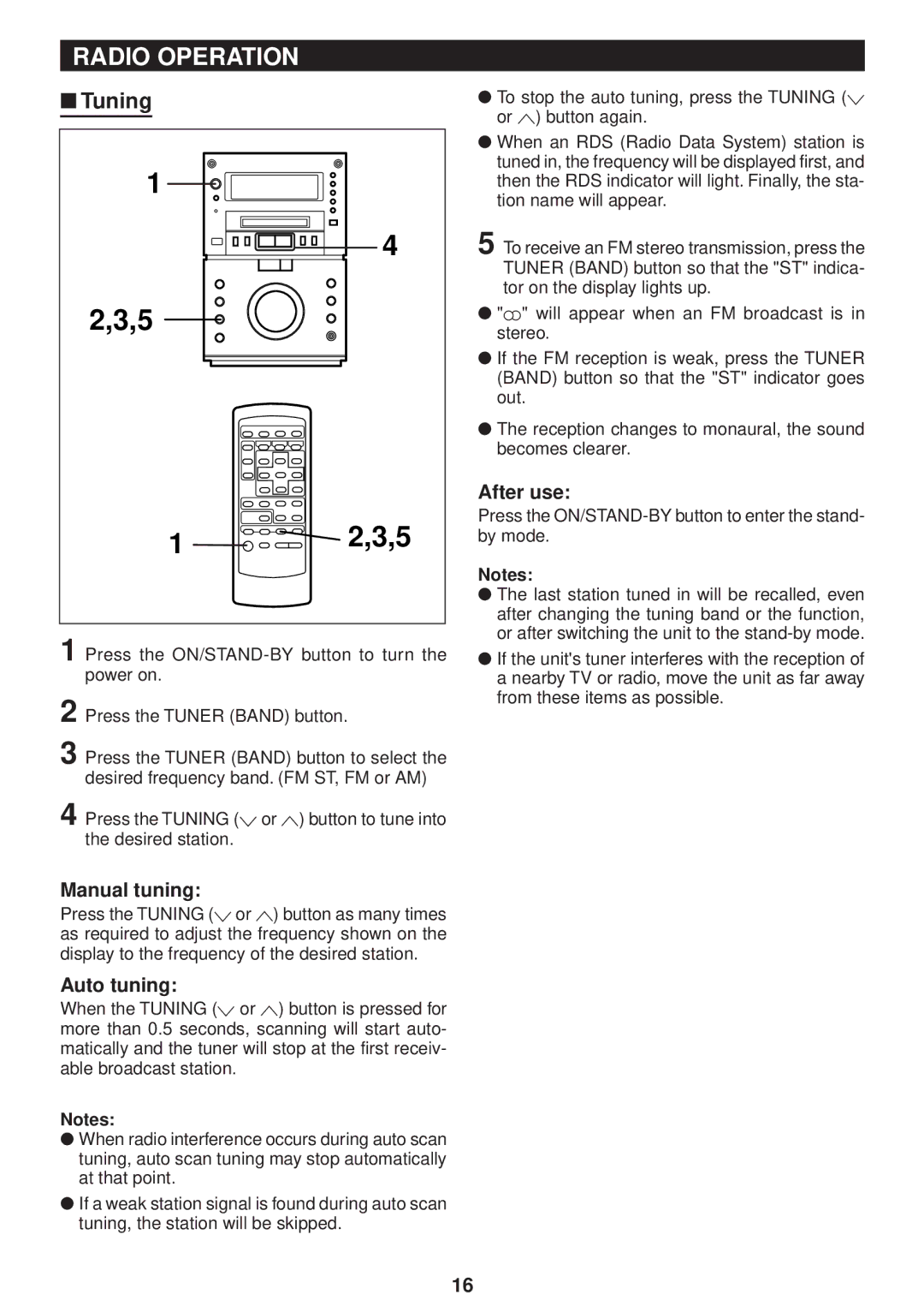 Sharp MD-M3H Radio Operation, Tuning, Manual tuning, Auto tuning, Press the ON/STAND-BY button to enter the stand- by mode 