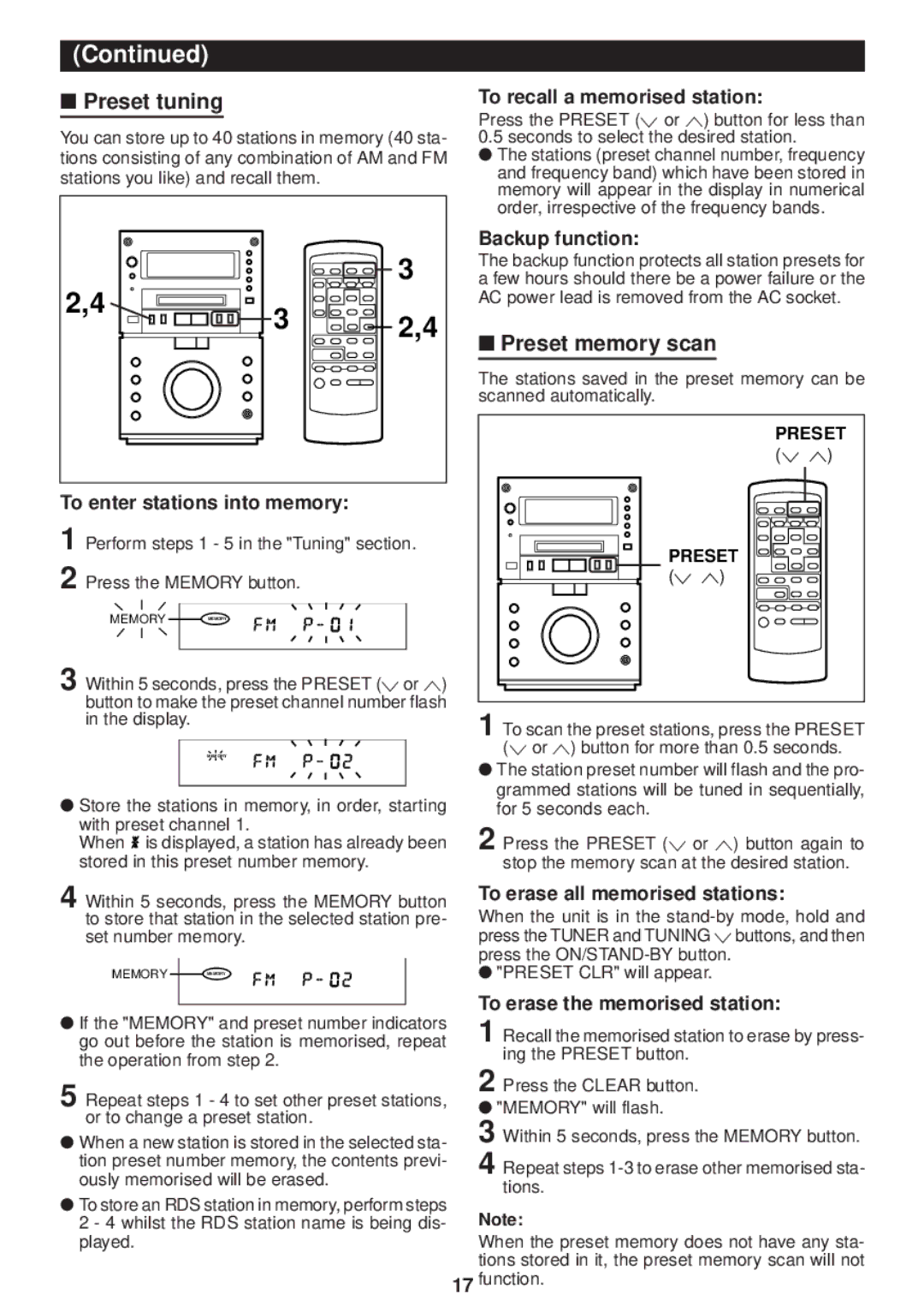 Sharp MD-M3H operation manual Preset tuning, Preset memory scan 