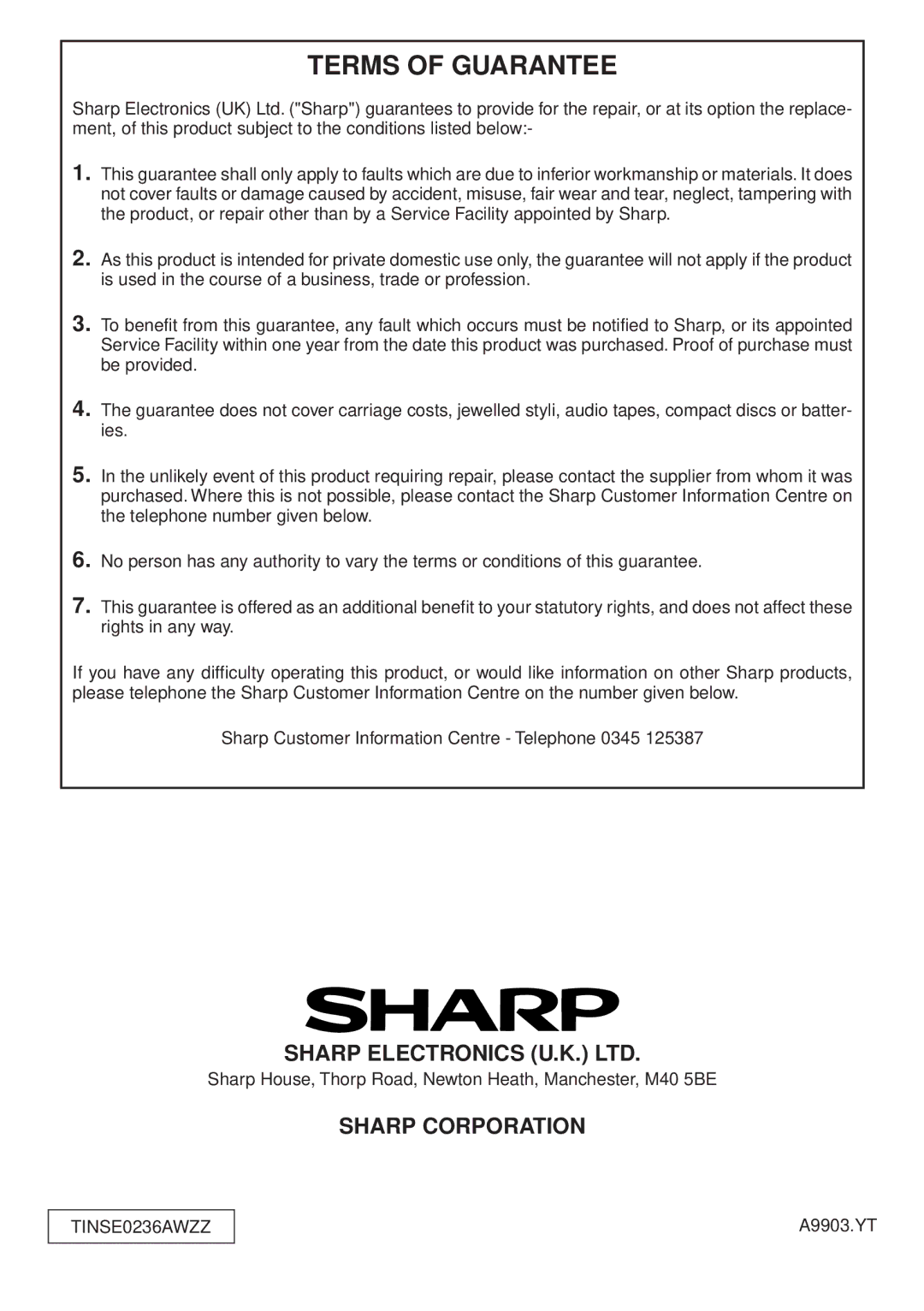 Sharp MD-M3H operation manual Terms of Guarantee, A9903.YT 