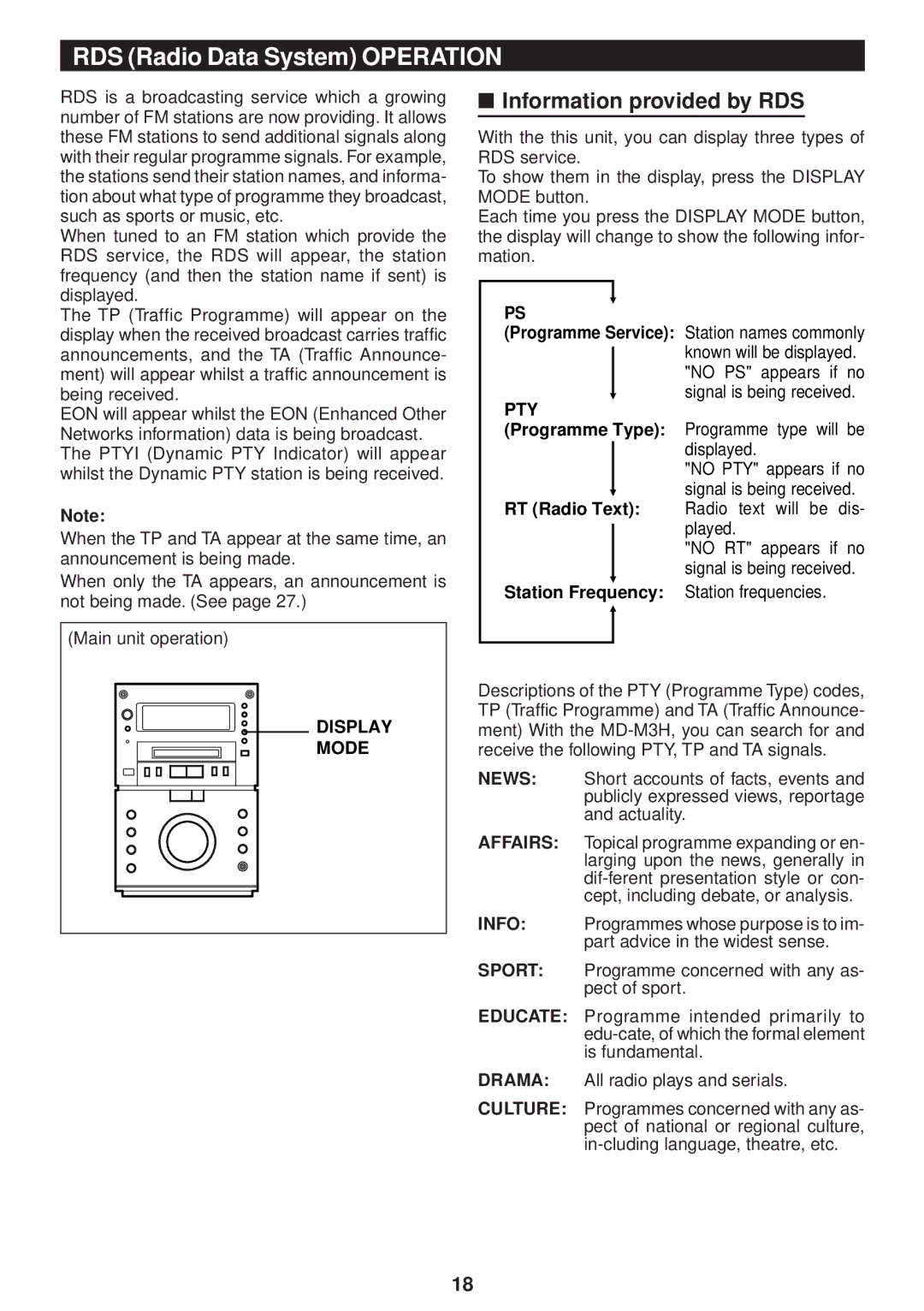 Sharp MD-M3H operation manual Information provided by RDS, Display Mode, Pty 