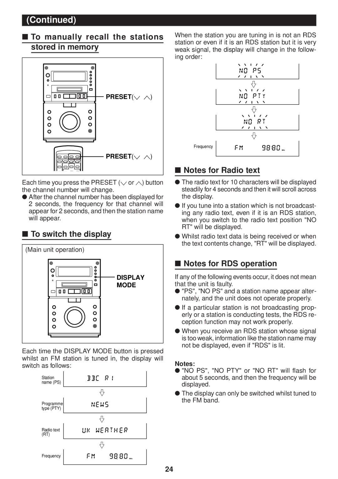 Sharp MD-M3H operation manual To manually recall the stations stored in memory, To switch the display, Presetx W 