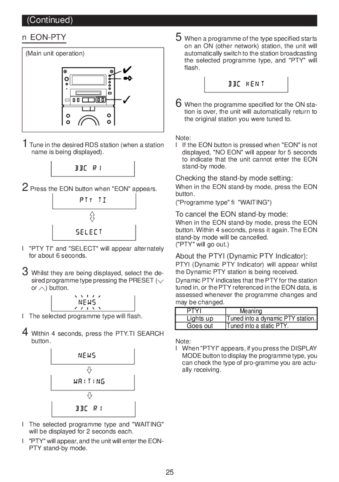 Sharp MD-M3H Checking the stand-by mode setting, To cancel the EON stand-by mode, About the Ptyi Dynamic PTY Indicator 