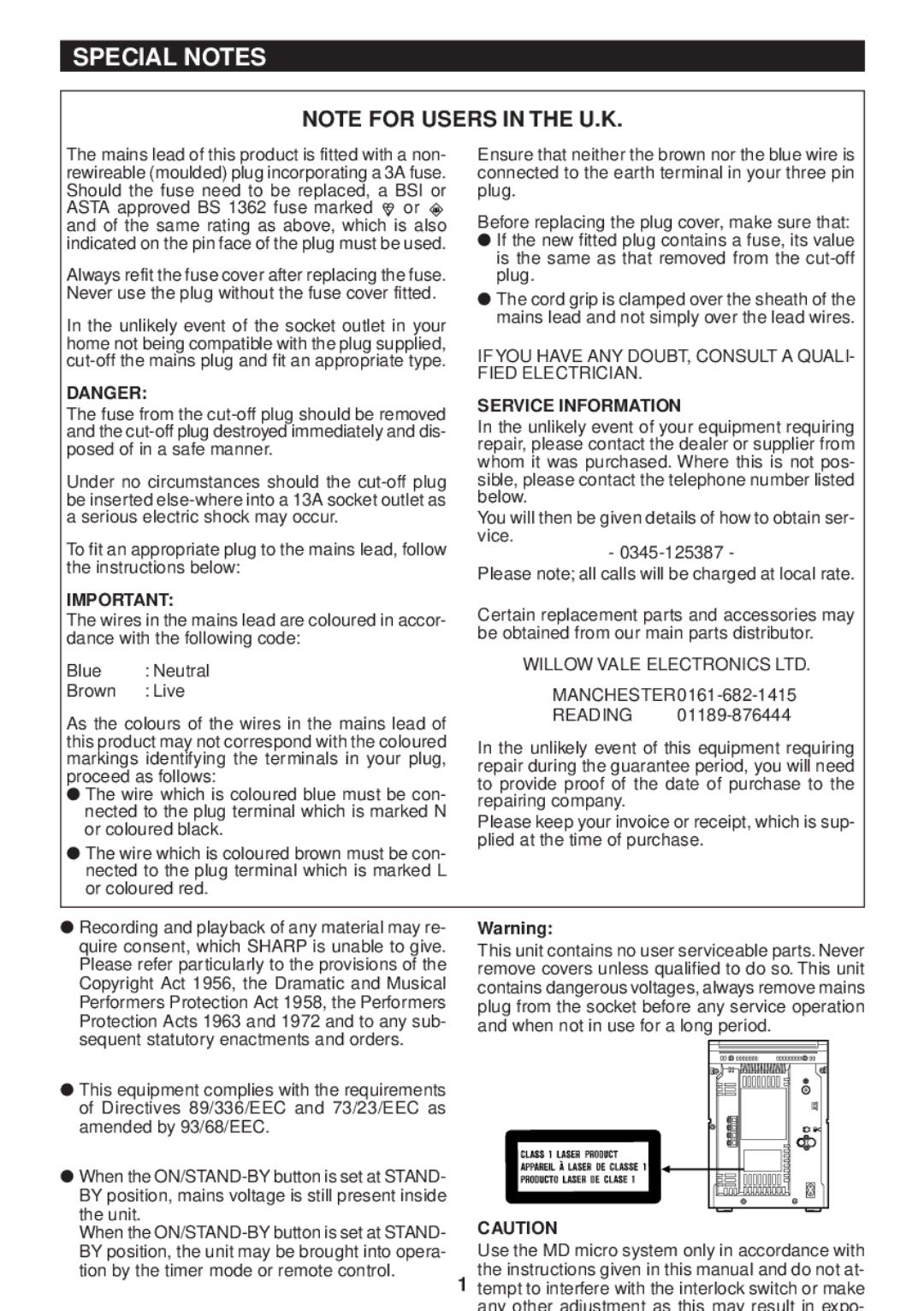 Sharp MD-M3H operation manual Special Notes, Service Information 