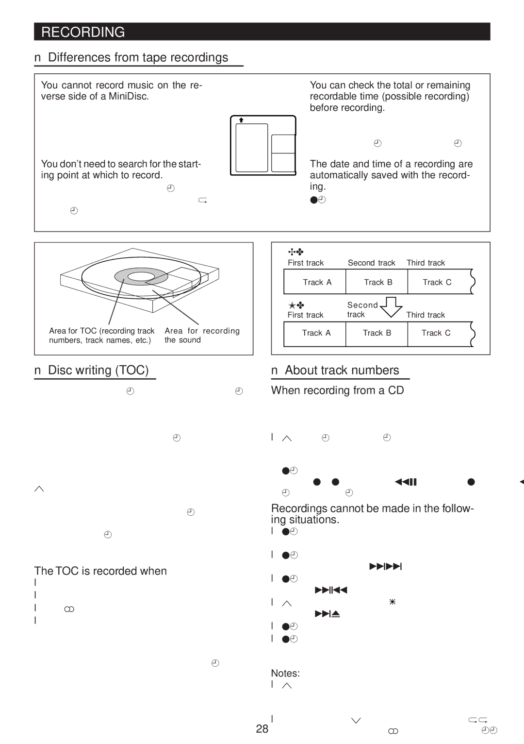 Sharp MD-M3H operation manual Recording, Differences from tape recordings, Disc writing TOC About track numbers 